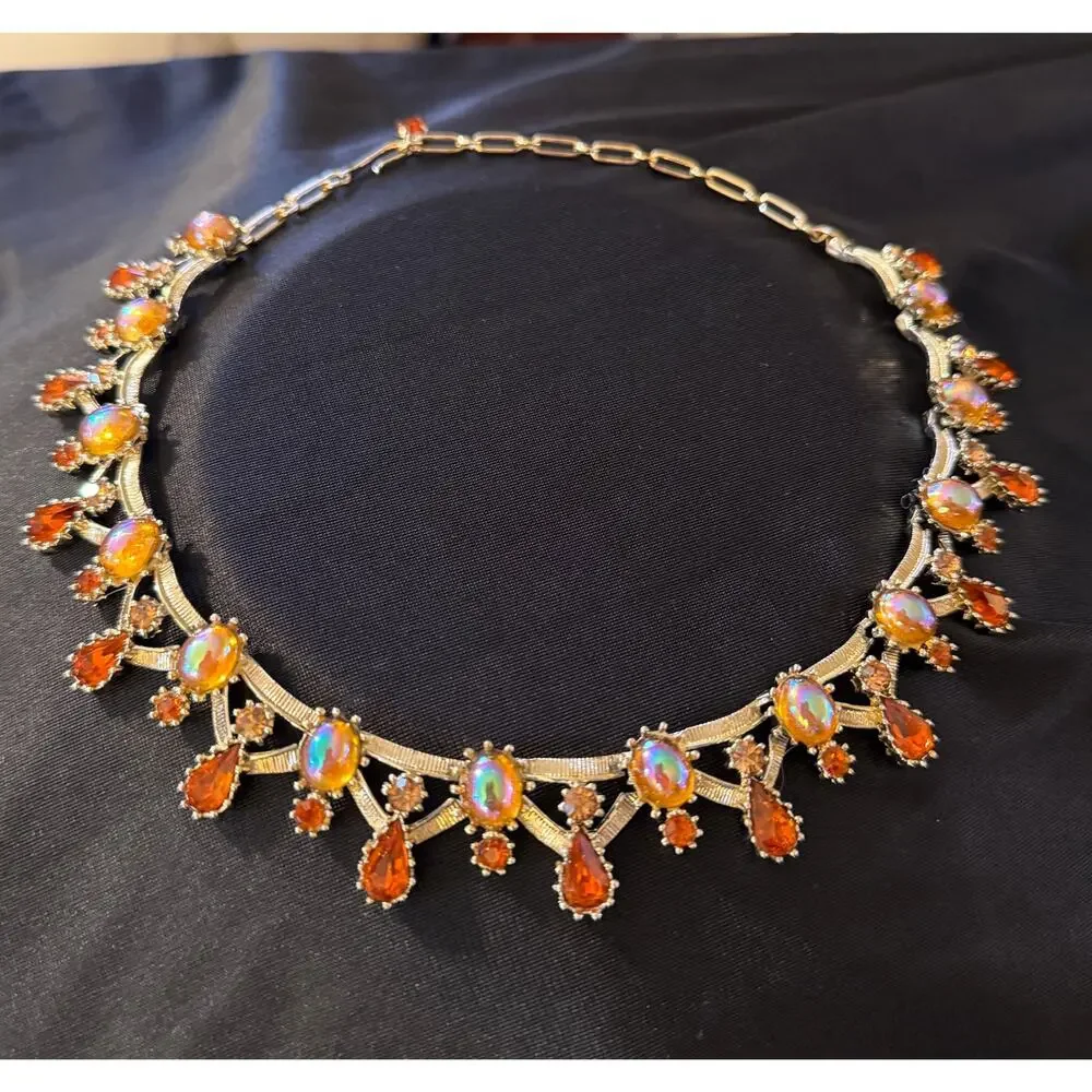 Vintage Signed Coro Necklace and Clip Earrings Set • Teardrop Choker • AB Oil S